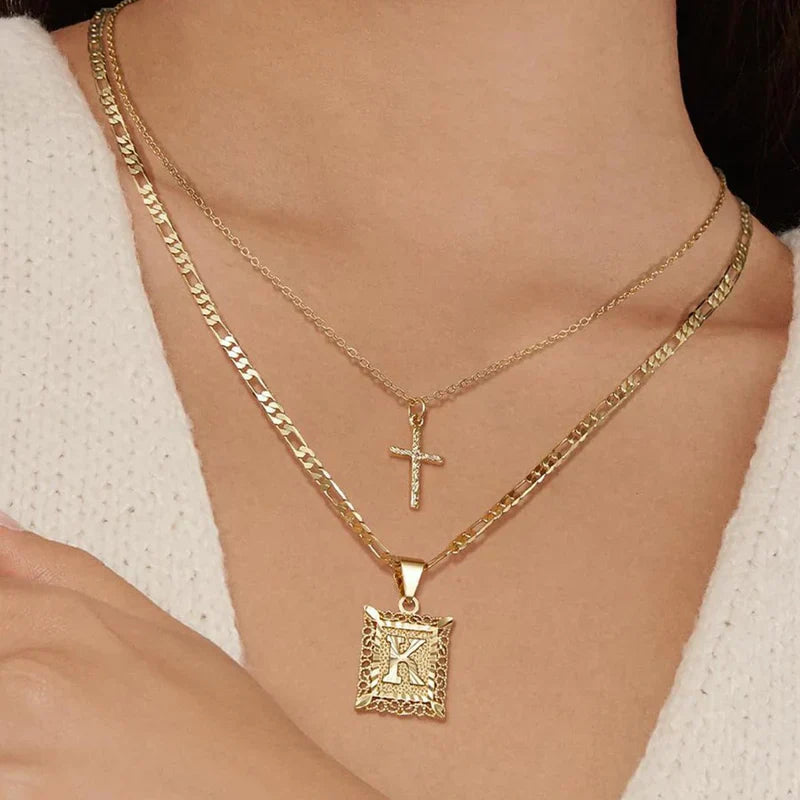 Gold Cross Initial Necklace Set