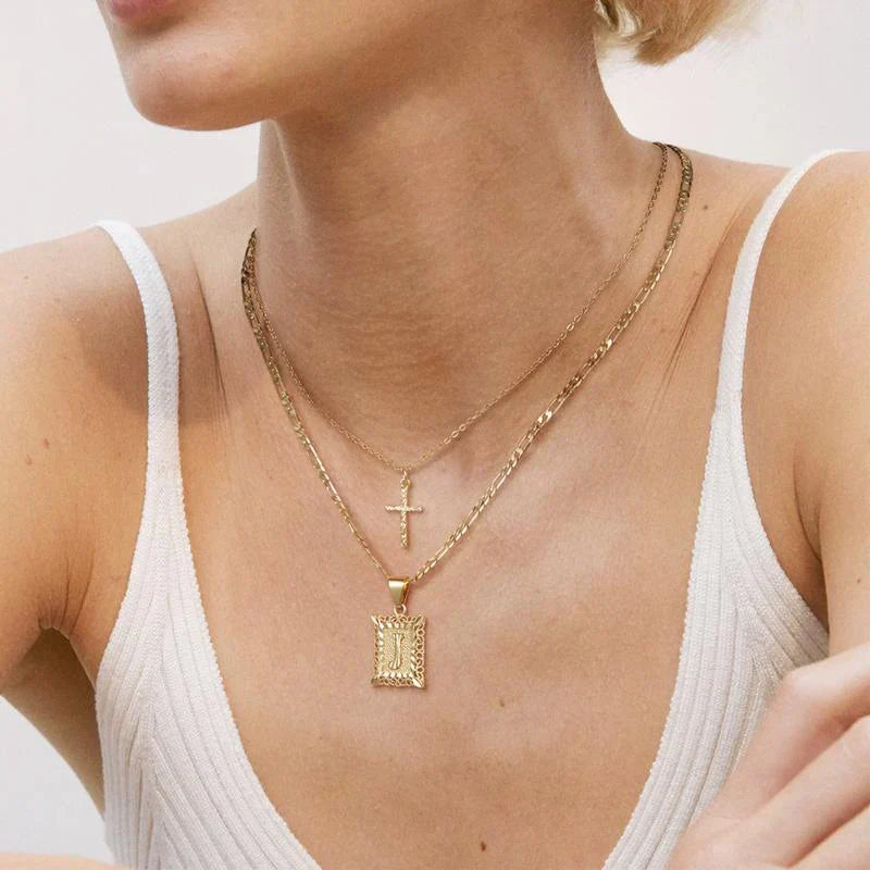 Gold Cross Initial Necklace Set
