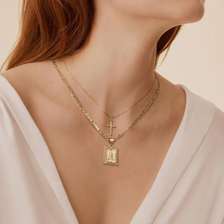 Gold Cross Initial Necklace Set