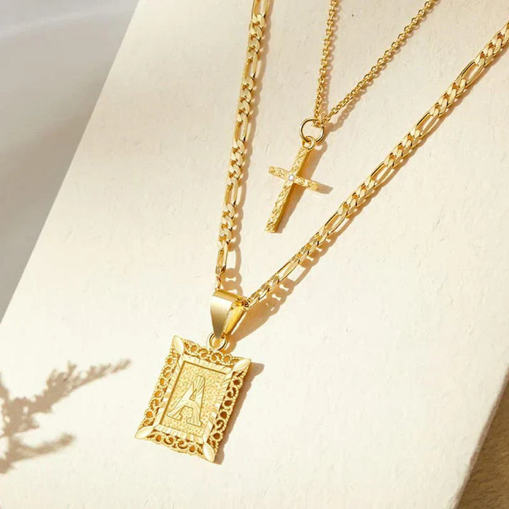 Gold Cross Initial Necklace Set