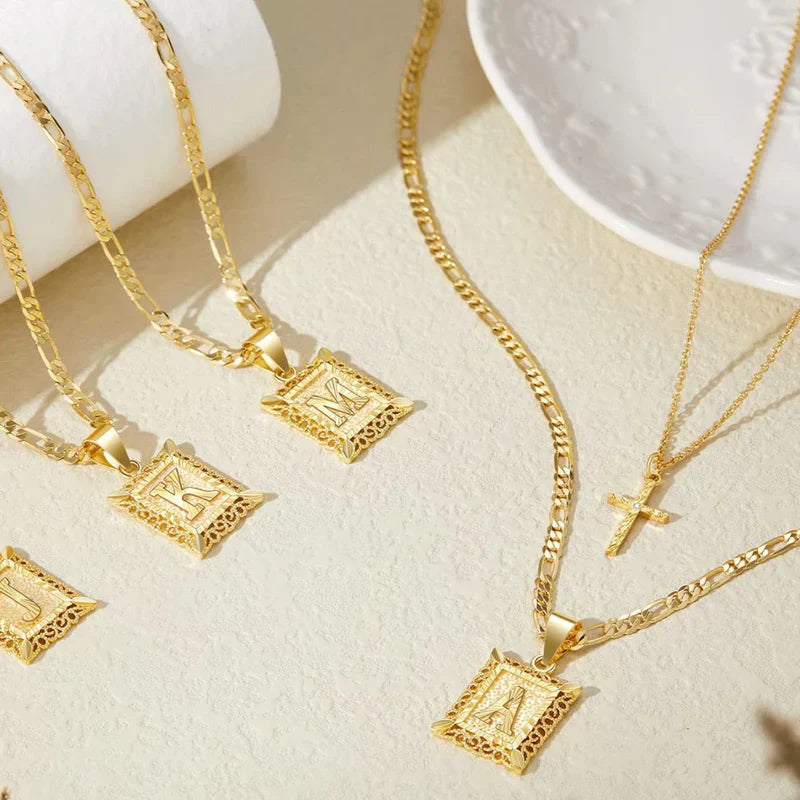 Gold Cross Initial Necklace Set