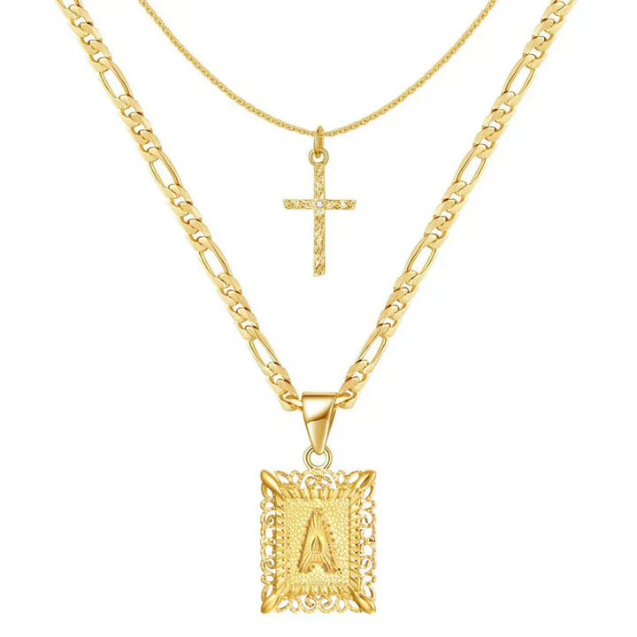Gold Cross Initial Necklace Set