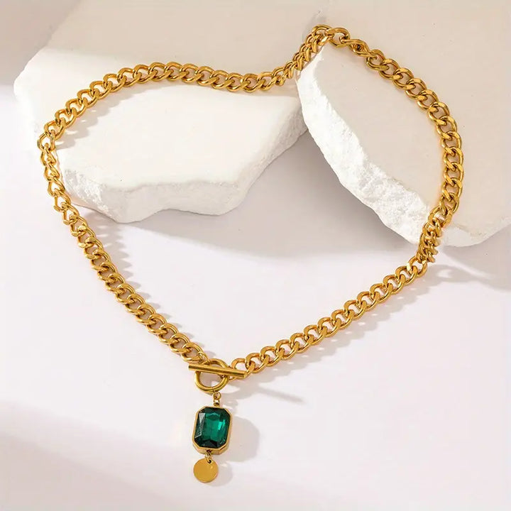 Gold Chunky Chain Necklace with Emerald Pendant