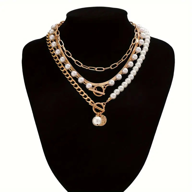 Retro Pearl & Gold Snake Chain Necklace Set | Golden Elegance