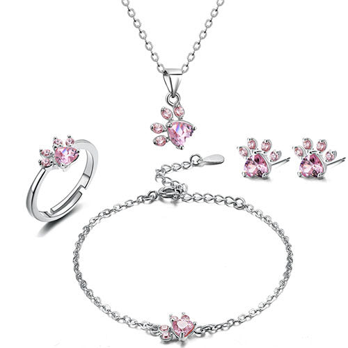 4-Piece Rose Gold Paw Jewelry Set with Zirconia Heart (Ring, Necklace, Earrings, Bracelet)