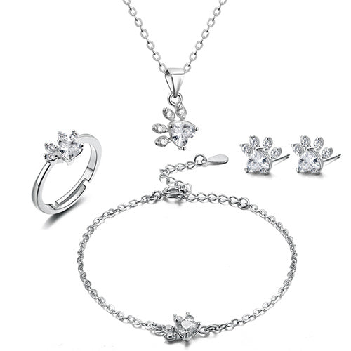 4-Piece Rose Gold Paw Jewelry Set with Zirconia Heart (Ring, Necklace, Earrings, Bracelet)