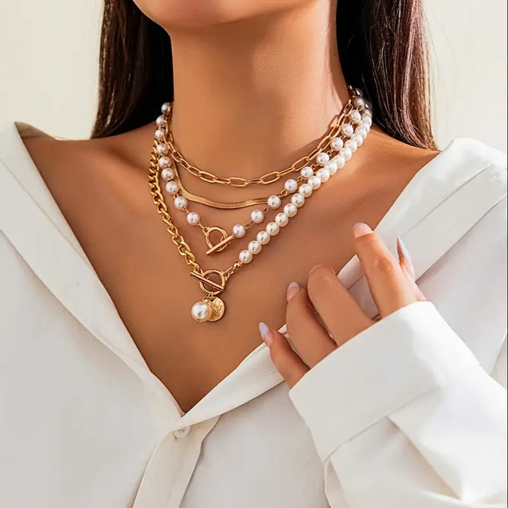 Retro Pearl & Gold Snake Chain Necklace Set | Golden Elegance
