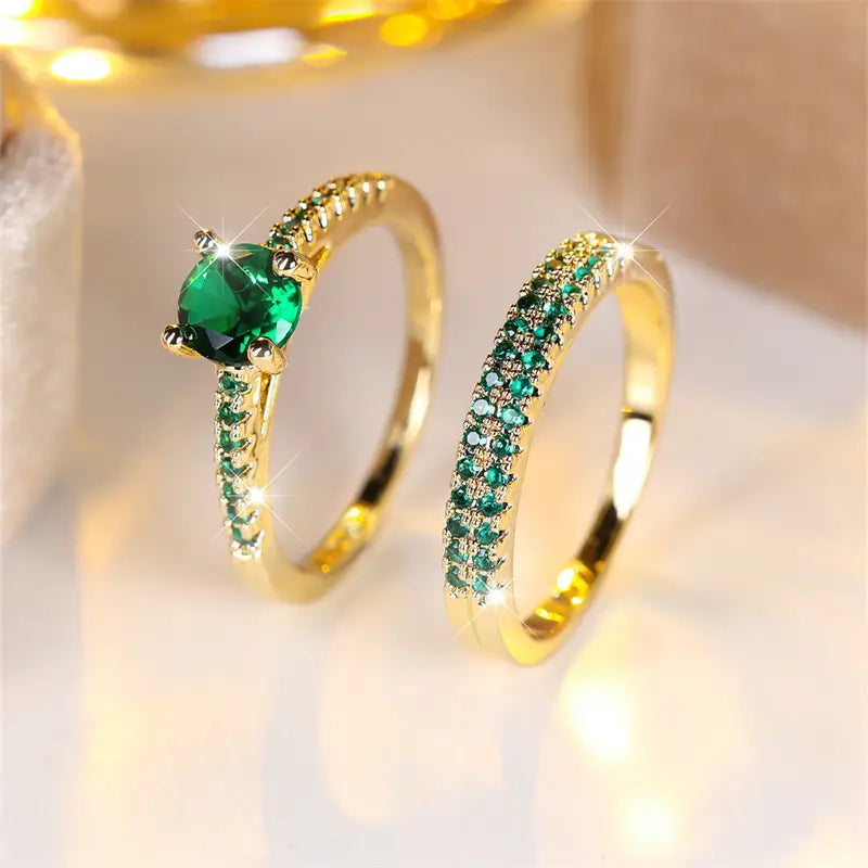 Serena Gold Duo Ring Set with Emerald Accents