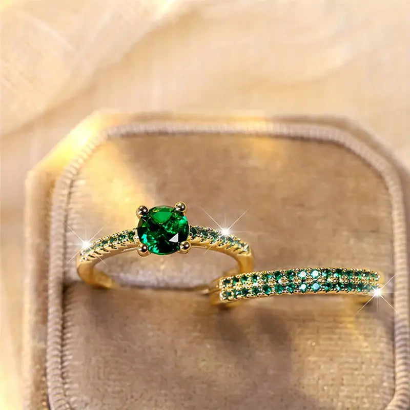 Serena Gold Duo Ring Set with Emerald Accents