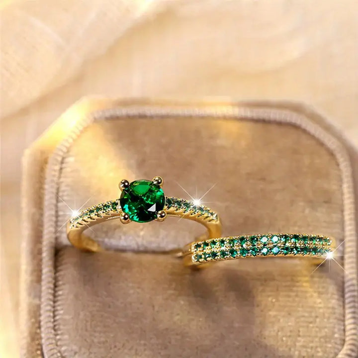 Serena Gold Duo Ring Set with Emerald Accents