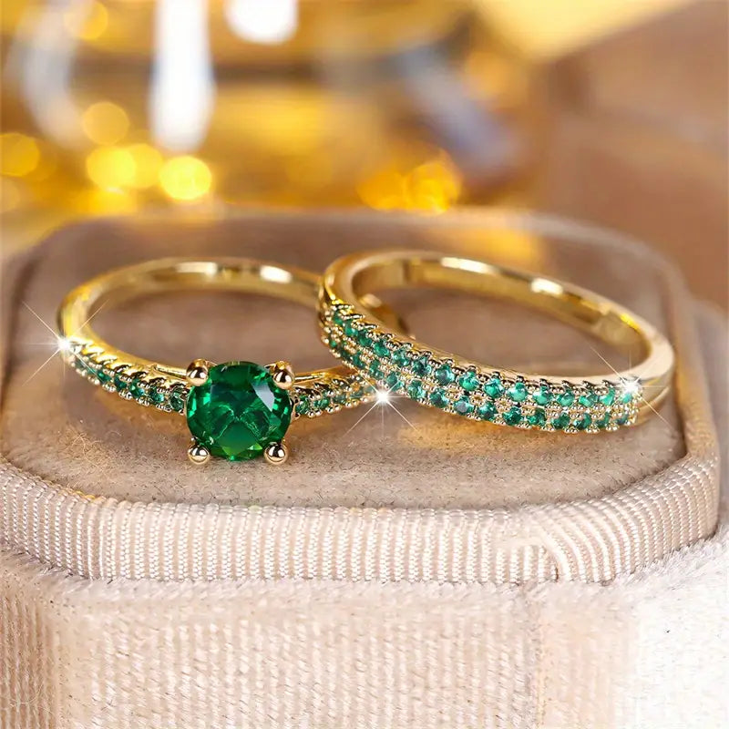 Serena Gold Duo Ring Set with Emerald Accents