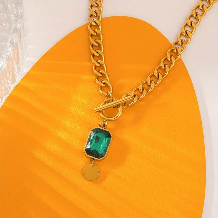 Gold Chunky Chain Necklace with Emerald Pendant