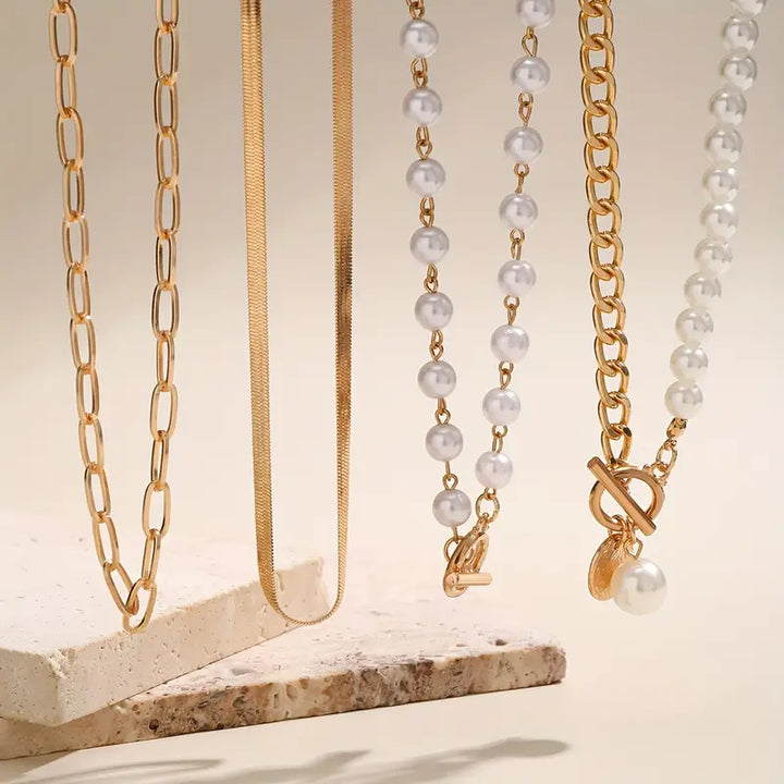 Retro Pearl & Gold Snake Chain Necklace Set | Golden Elegance