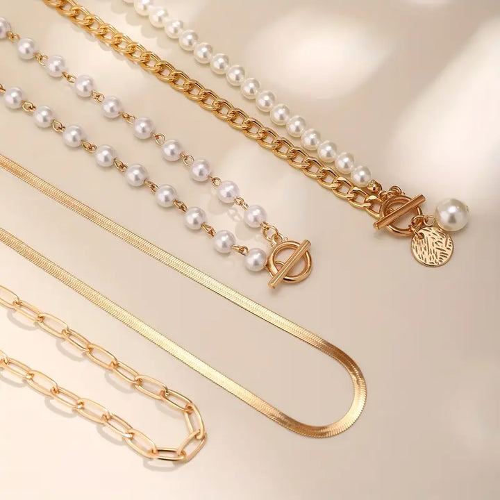 Retro Pearl & Gold Snake Chain Necklace Set | Golden Elegance