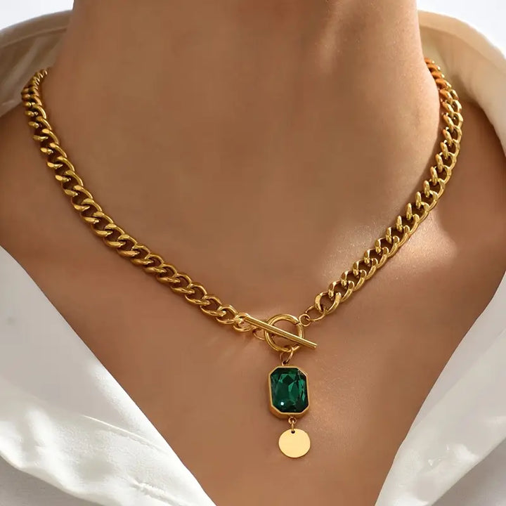 Gold Chunky Chain Necklace with Emerald Pendant