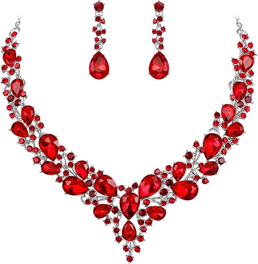 White Gold Ruby Crystal Cluster Jewelry Set