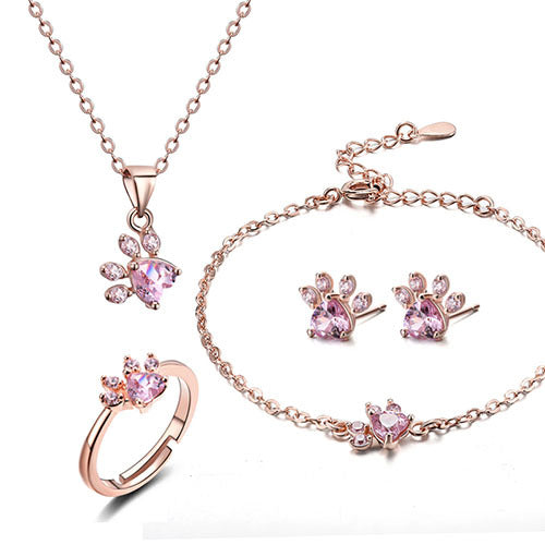 4-Piece Rose Gold Paw Jewelry Set with Zirconia Heart (Ring, Necklace, Earrings, Bracelet)