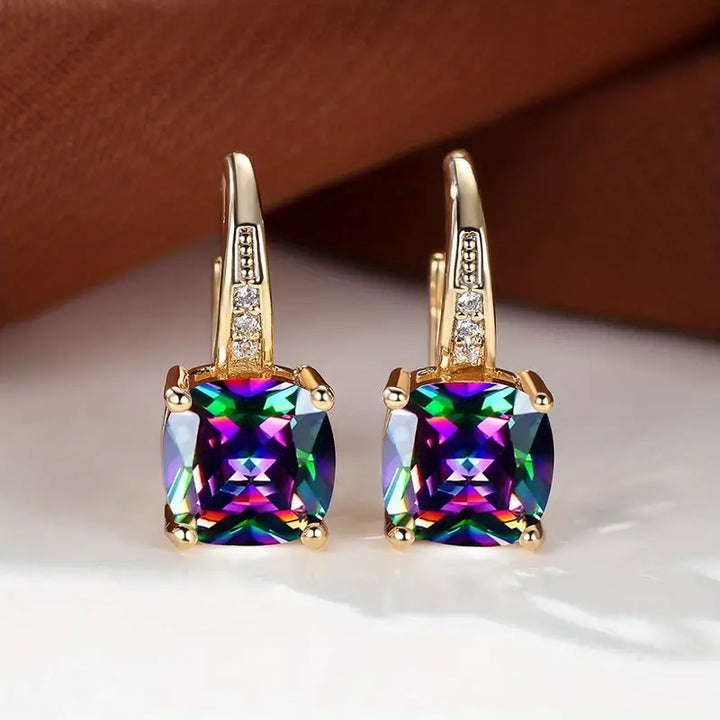 Gold Hoop Earrings with Mystic Sapphire Stones