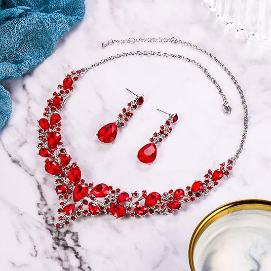 White Gold Ruby Crystal Cluster Jewelry Set