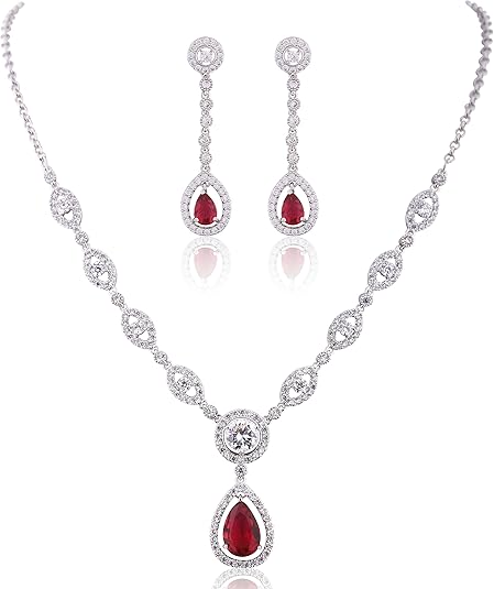 White Gold Ruby Halo Necklace and Earring Set