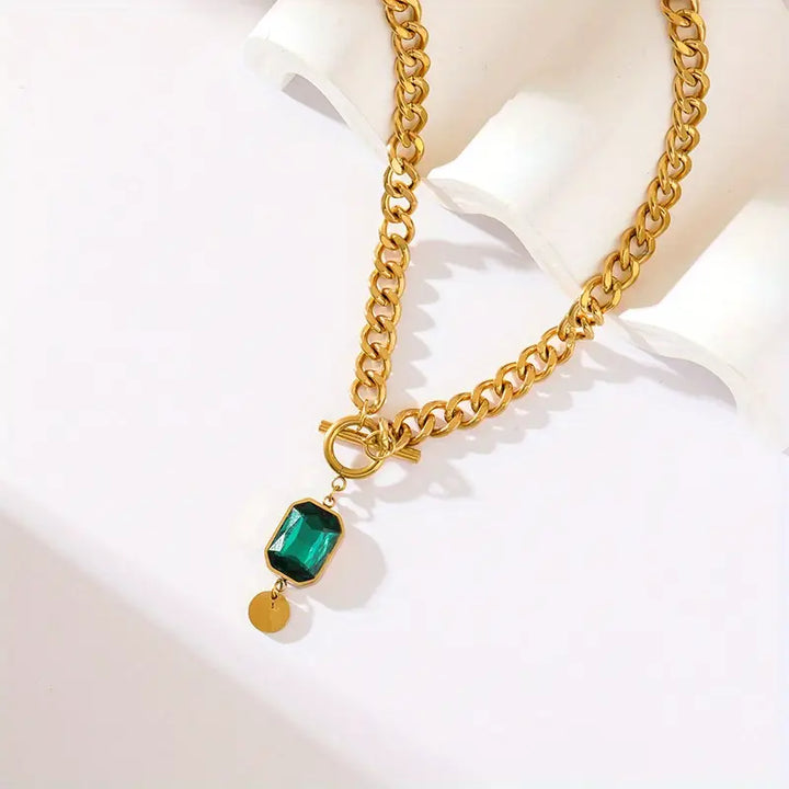 Gold Chunky Chain Necklace with Emerald Pendant
