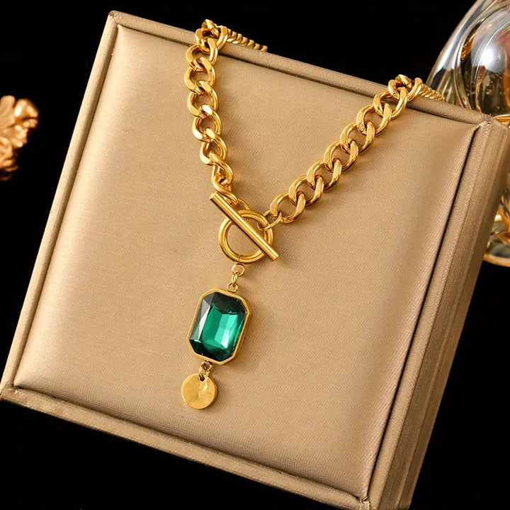 Gold Chunky Chain Necklace with Emerald Pendant