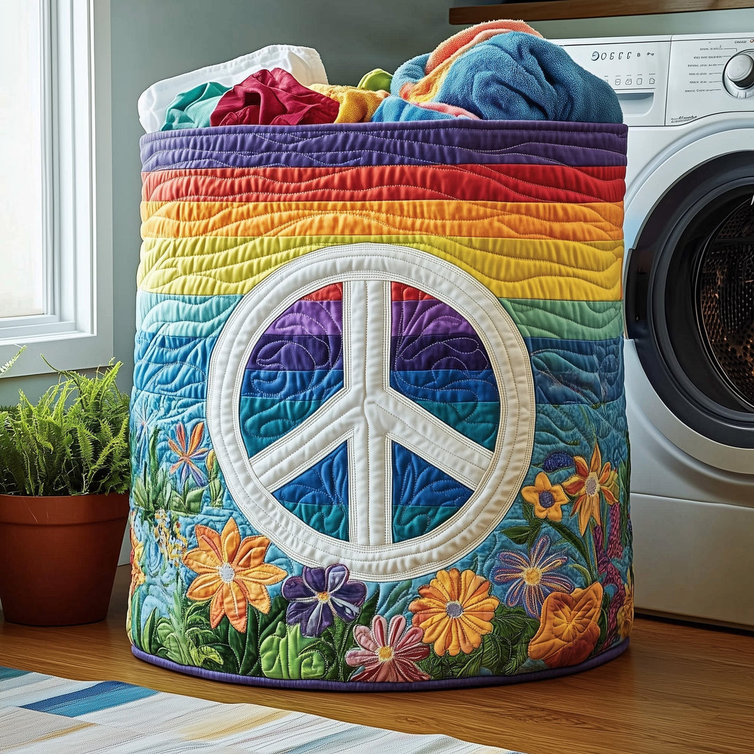 Bohemian-Inspired Quilted Laundry Basket with Peace Sign Design