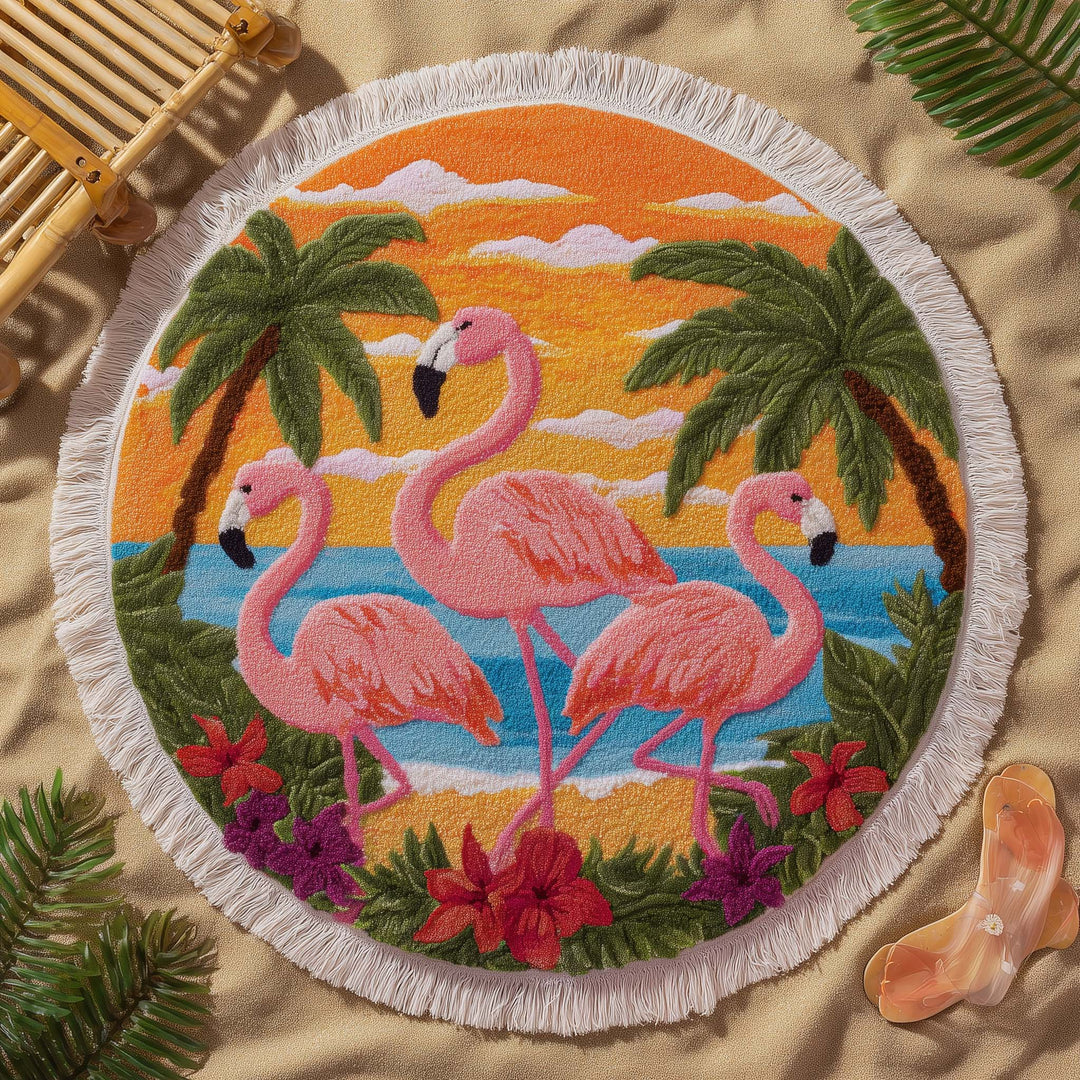 Round Beach Towel Flamingo Trio Sunset
