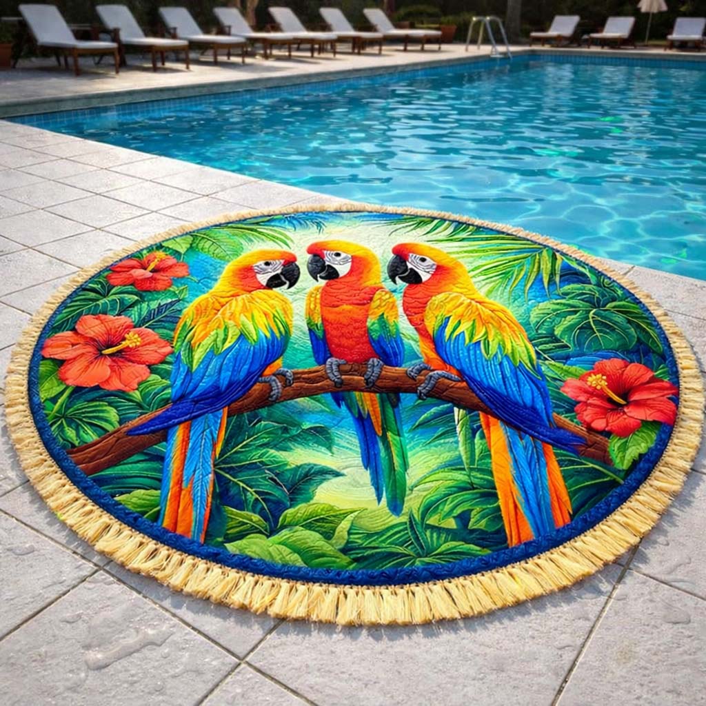 Serviette de Plage Ronde Trio de Perroquets Tropicaux