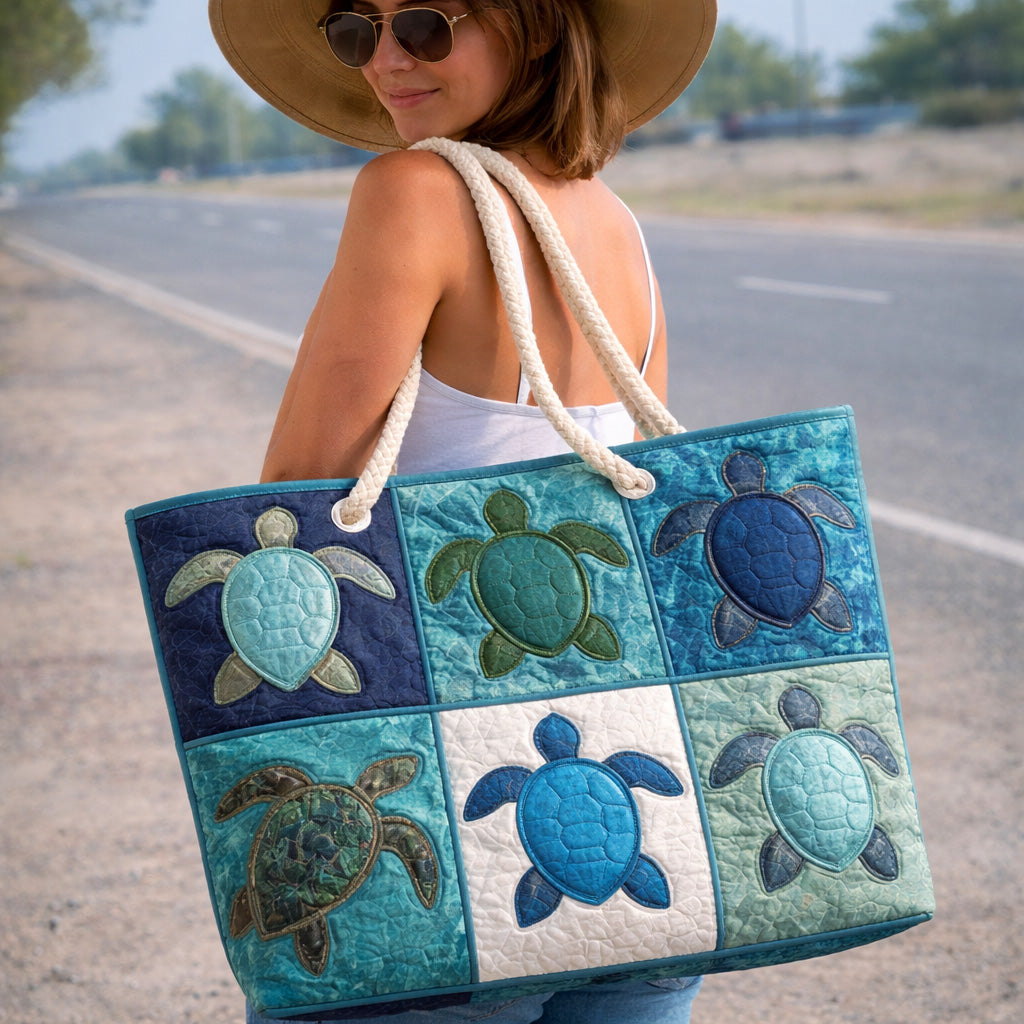 Quilted Beach Bag Turtle Blue
