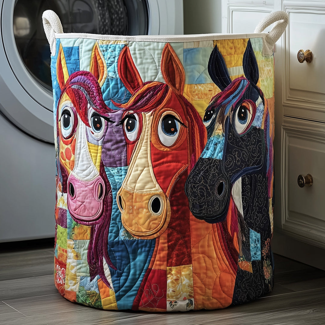 Whimsical Quilted Laundry Basket with Horse Design
