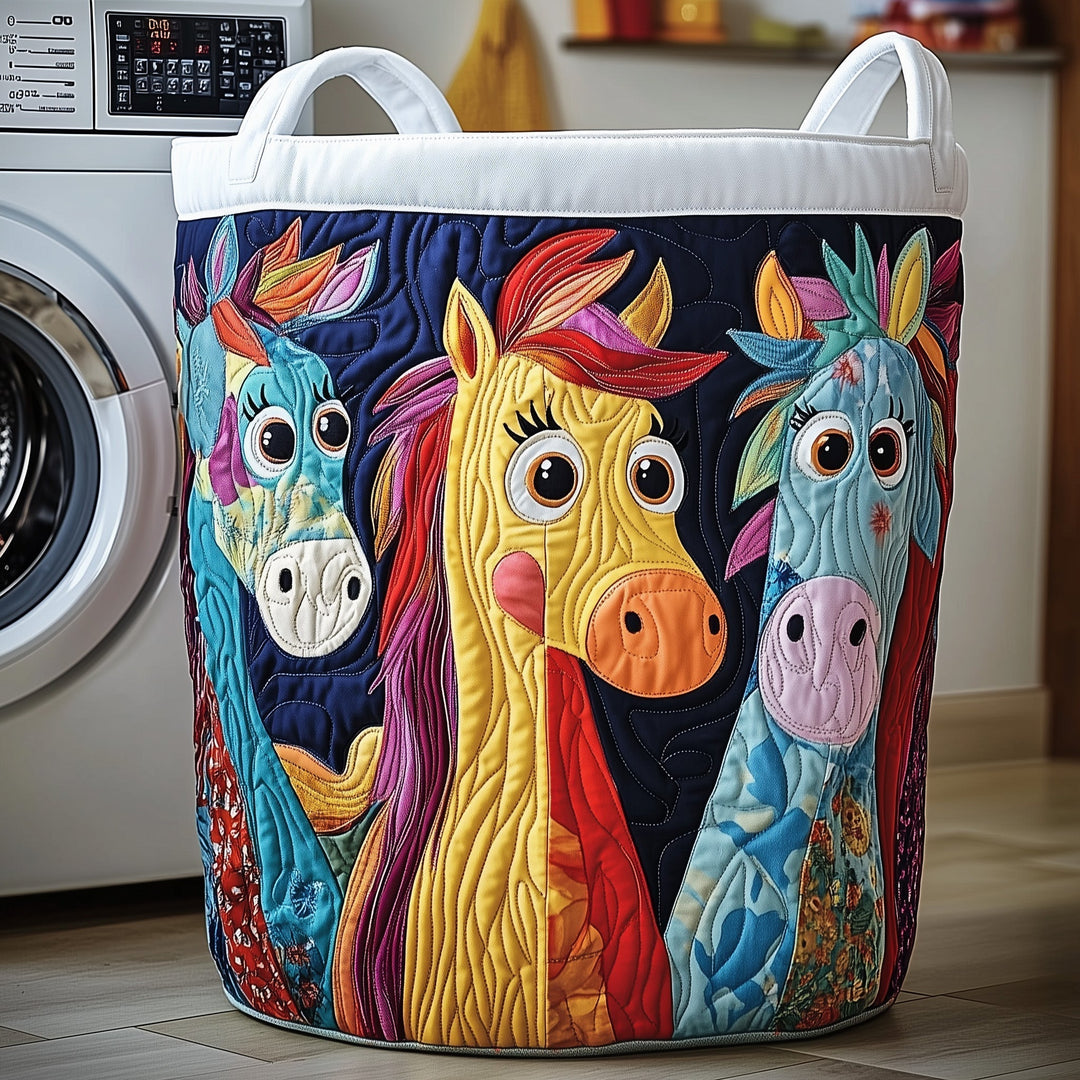 Whimsical Quilted Laundry Basket with Horse Design