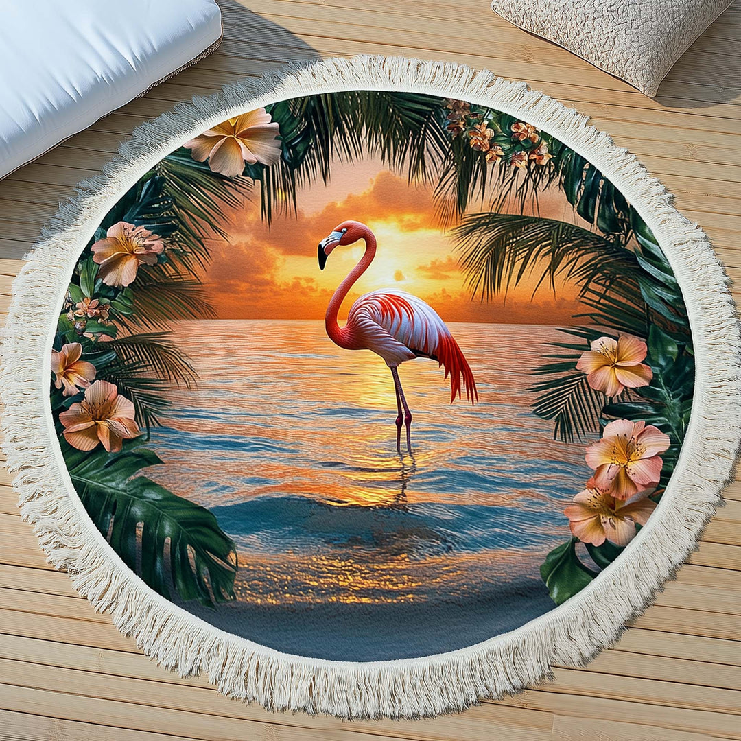Flamingo Sunset Round Beach Towel