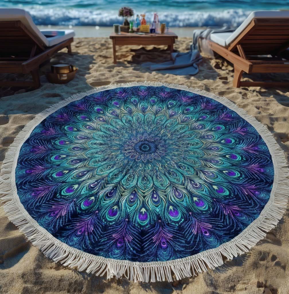 Serviette de Plage Ronde Mandala Paon