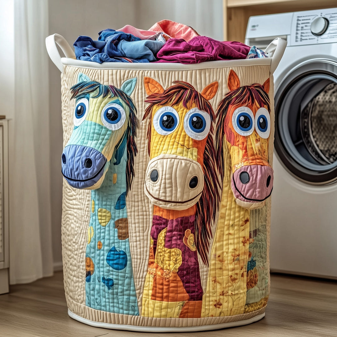 Whimsical Quilted Laundry Basket with Horse Design