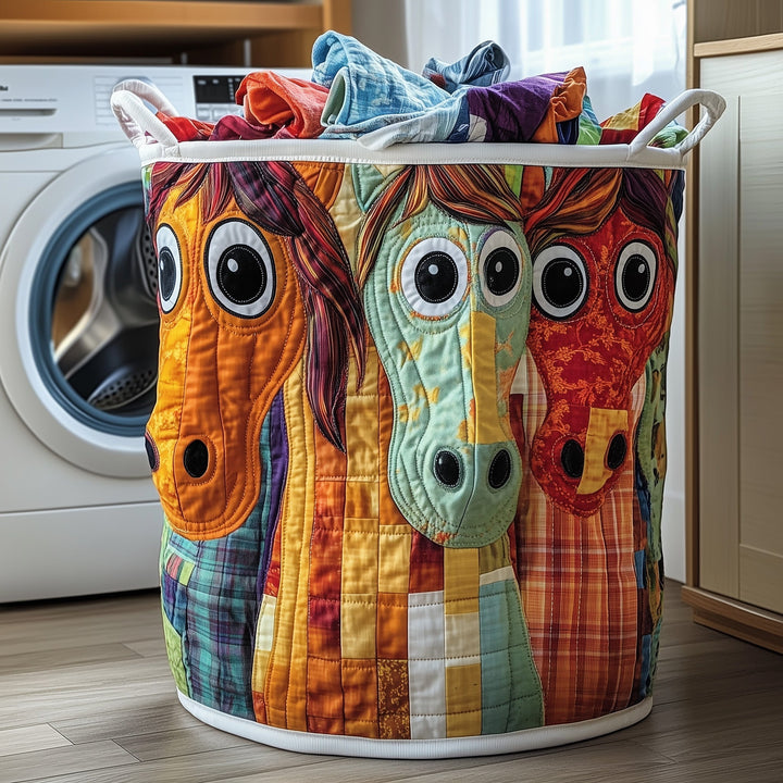 Whimsical Quilted Laundry Basket with Horse Design