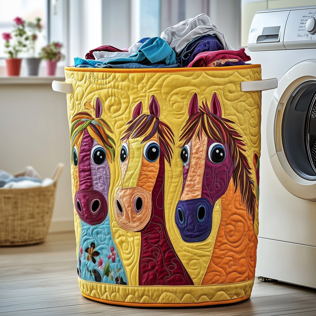 Whimsical Quilted Laundry Basket with Horse Design