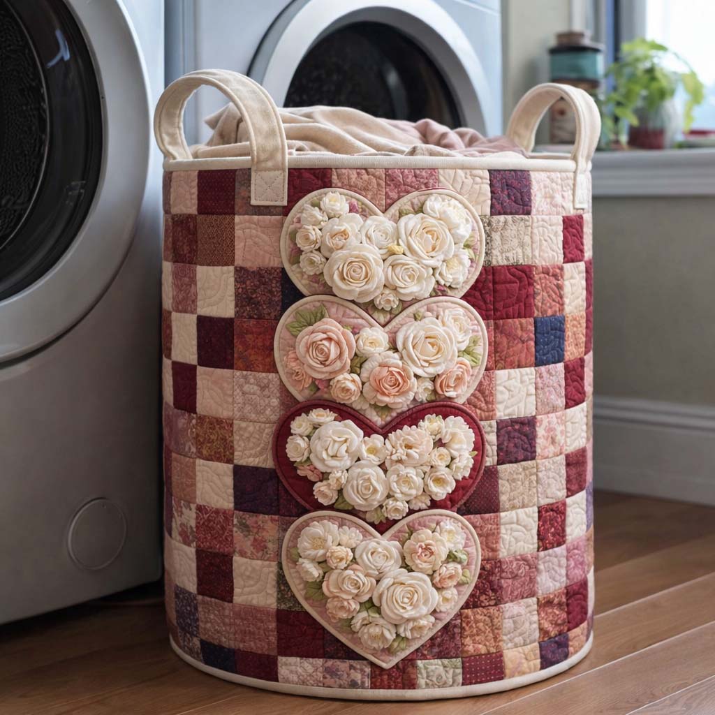 Quilted Laundry Basket with Floral Love Design
