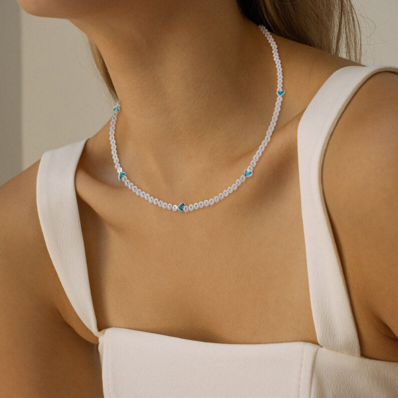 Pearl Choker Necklace with Heart Charms