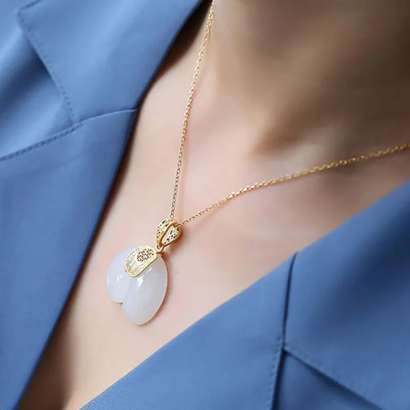 Hetian Jade Elephant Pendant Necklace with 18K Gold-Plated Chain for Women