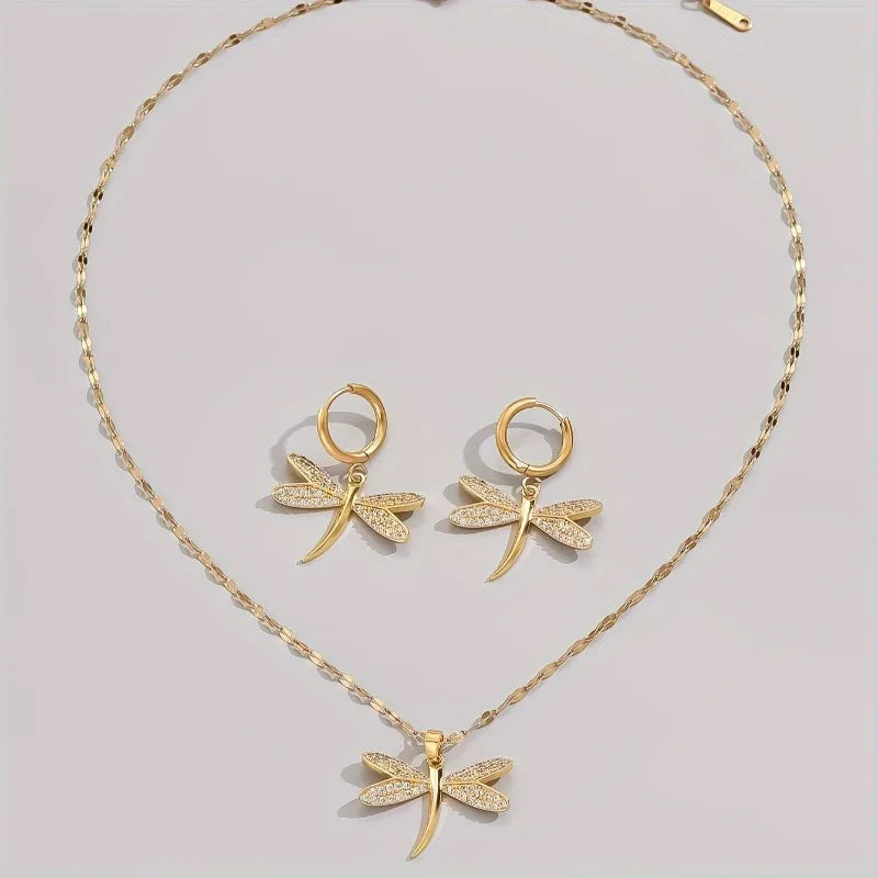 Gold Dragonfly Necklace Set with Complimentary Earrings