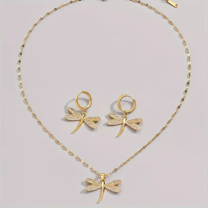 Gold Dragonfly Necklace Set with Complimentary Earrings