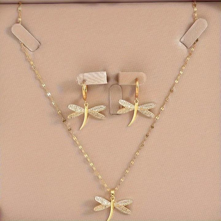 Gold Dragonfly Necklace Set with Complimentary Earrings