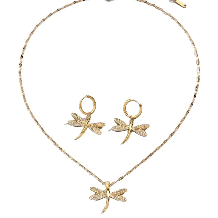 Gold Dragonfly Necklace Set with Complimentary Earrings