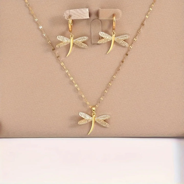 Gold Dragonfly Necklace Set with Complimentary Earrings