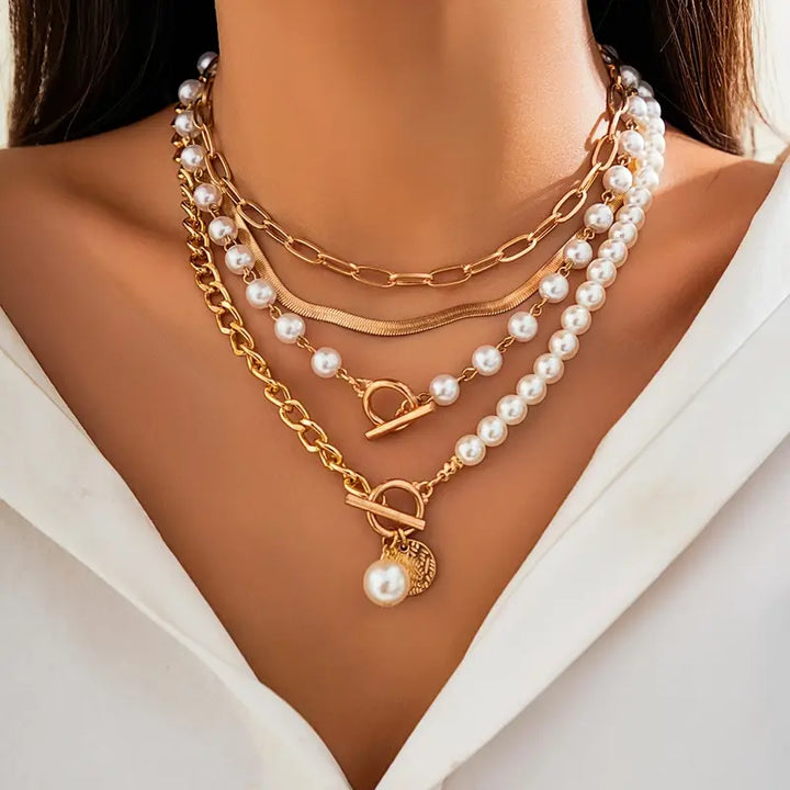 Retro Pearl & Gold Snake Chain Necklace Set | Golden Elegance