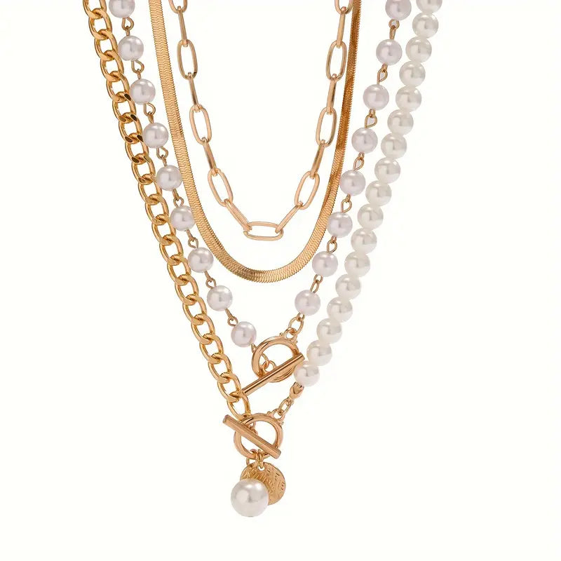 Retro Pearl & Gold Snake Chain Necklace Set | Golden Elegance