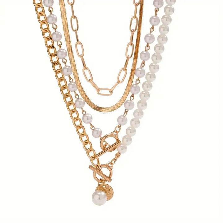 Retro Pearl & Gold Snake Chain Necklace Set | Golden Elegance