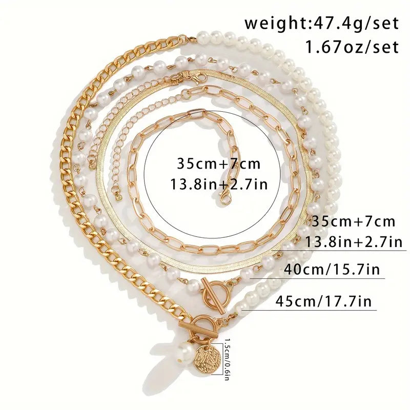 Retro Pearl & Gold Snake Chain Necklace Set | Golden Elegance
