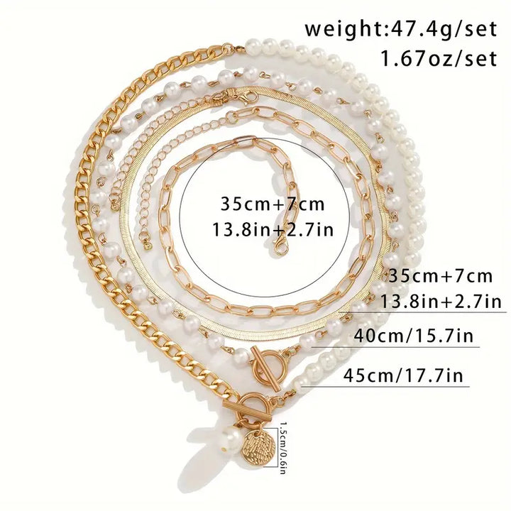 Retro Pearl & Gold Snake Chain Necklace Set | Golden Elegance